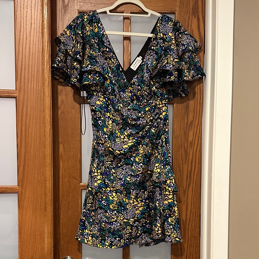 Tanya Taylor Floral V-Neck Ruffle Mini Dress in Black, Yellow & Blue​